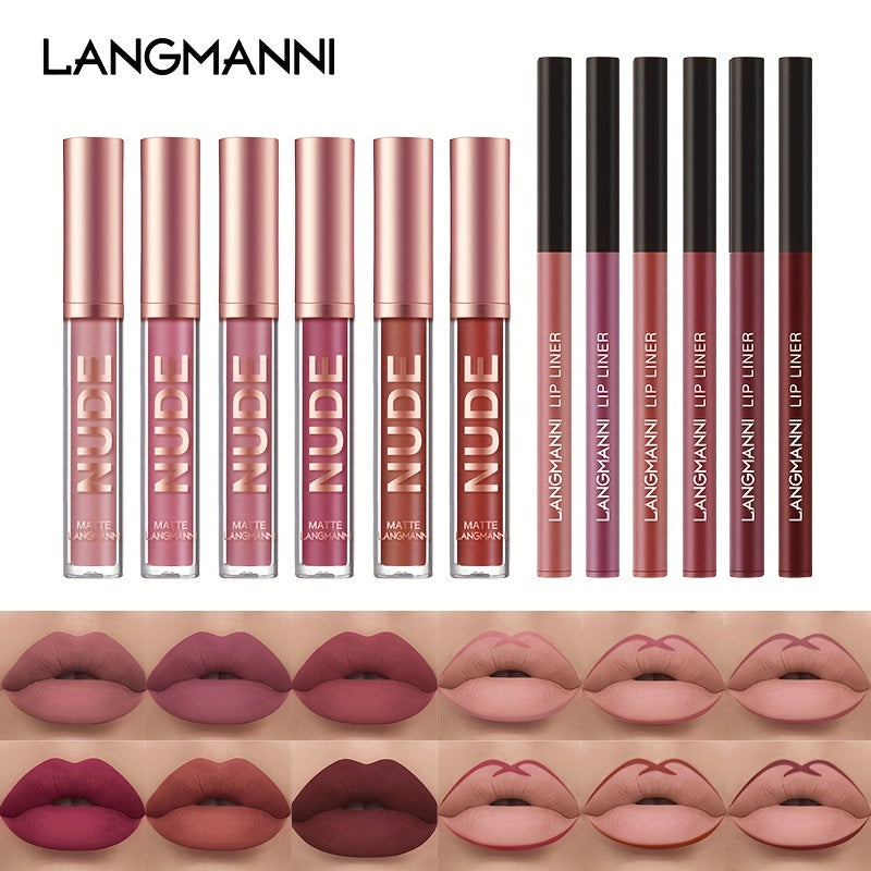 2PCS Langmanni Long-Lasting Waterproof Lipgloss & Lipliner Set - High-Pigment, Smudge-Proof Duo for Romantic Beauty - Perfect Kiss-Proof Makeup Gift for Valentines Day