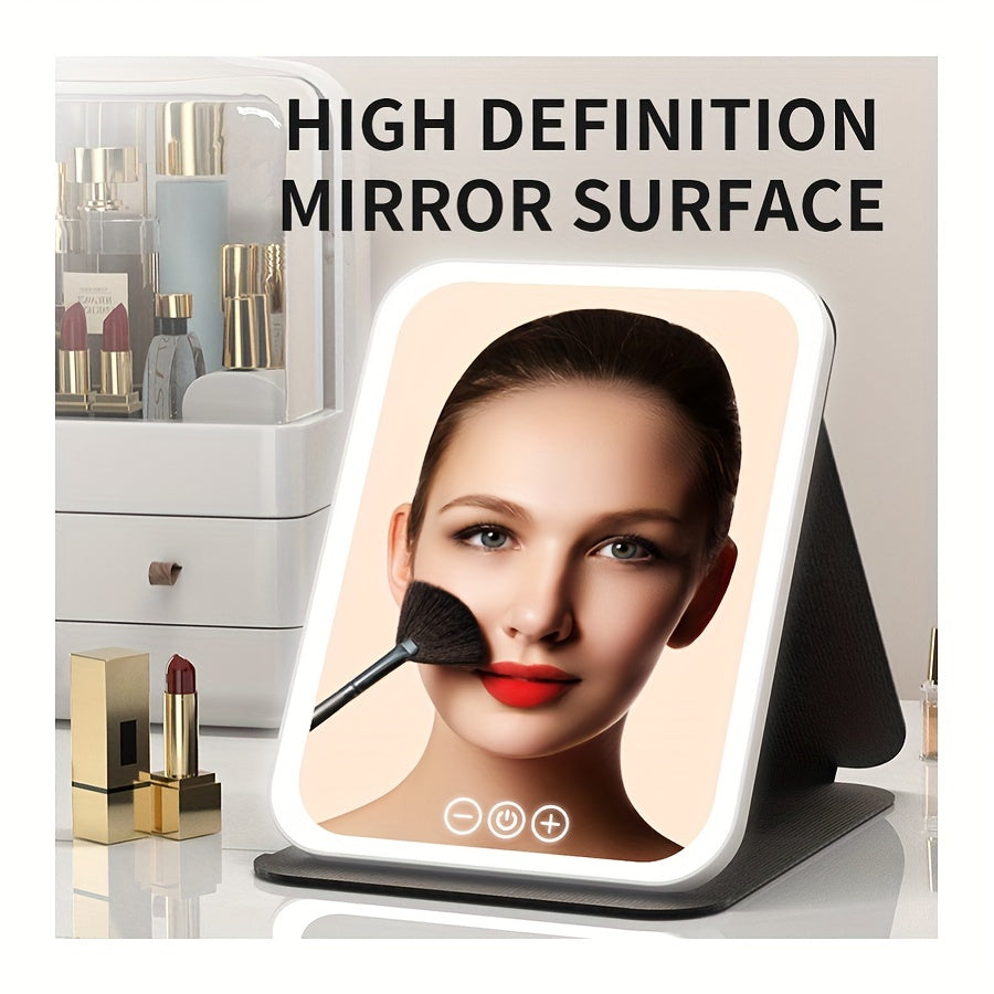 Glamour Glow - Foldable LED Makeup Mirror with 3-Color Lighting, Dimmable Touch Screen, Rechargeable & Tabletop, Perfect Vanity Accent for Effortless Beauty Routine