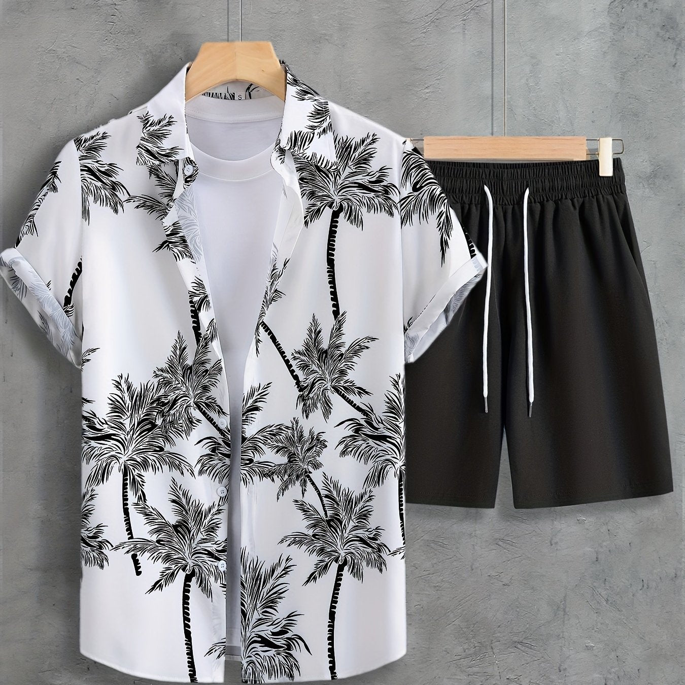 Coconut Tree Print, Men's 2Pcs Outfits, Casual Camp Collar Lapel Button Up Short Sleeve Shirts Hawaii Shirt And Drawstring Shorts Set For Summer, Men's Clothing