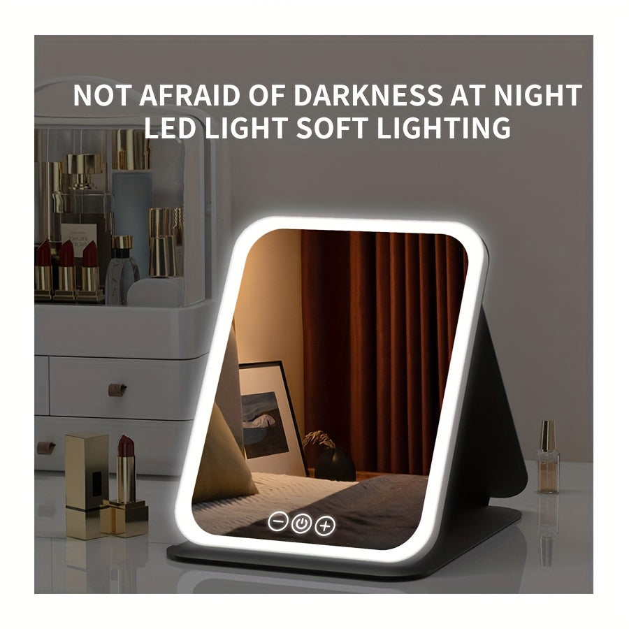 Glamour Glow - Foldable LED Makeup Mirror with 3-Color Lighting, Dimmable Touch Screen, Rechargeable & Tabletop, Perfect Vanity Accent for Effortless Beauty Routine