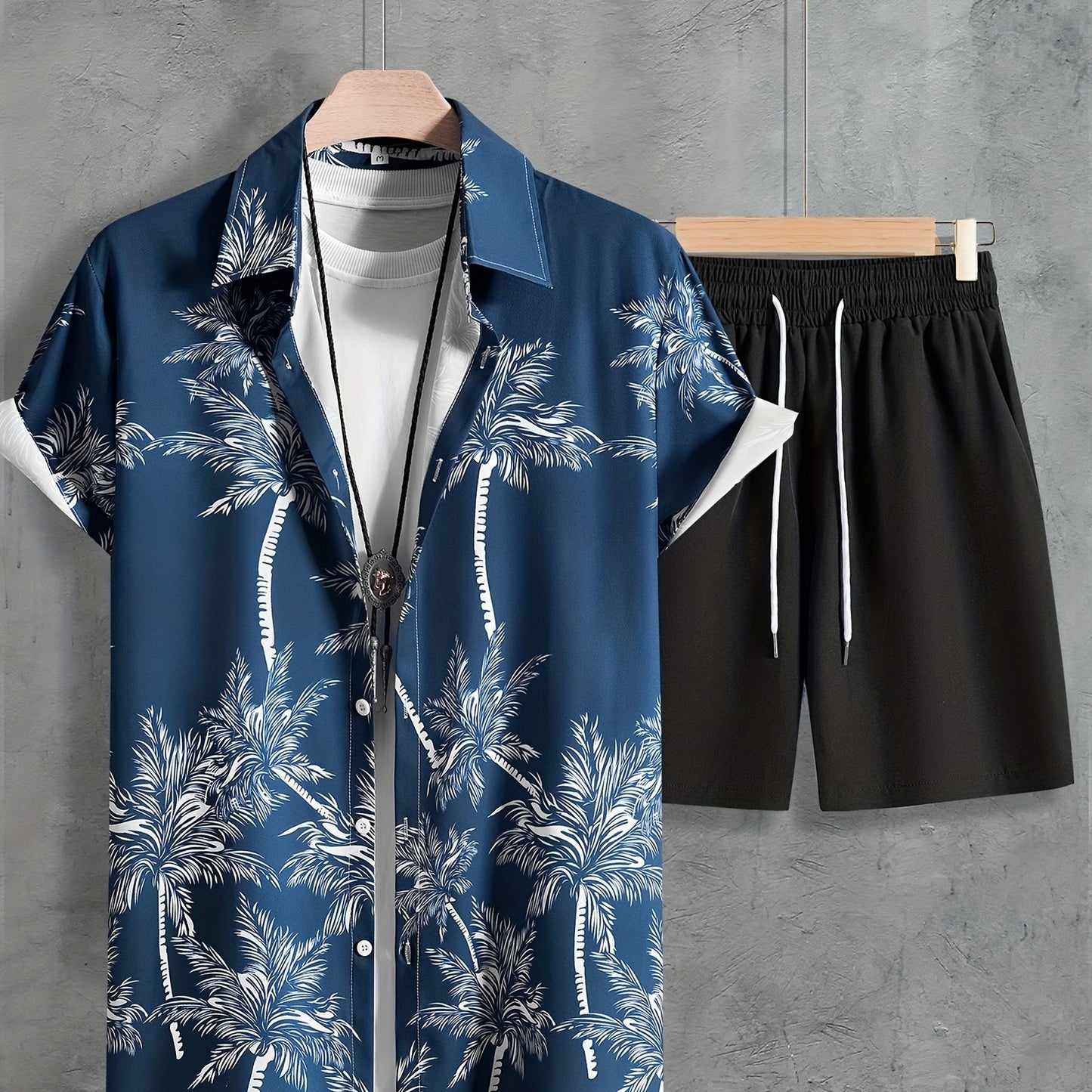 Coconut Tree Print, Men's 2Pcs Outfits, Casual Camp Collar Lapel Button Up Short Sleeve Shirts Hawaii Shirt And Drawstring Shorts Set For Summer, Men's Clothing