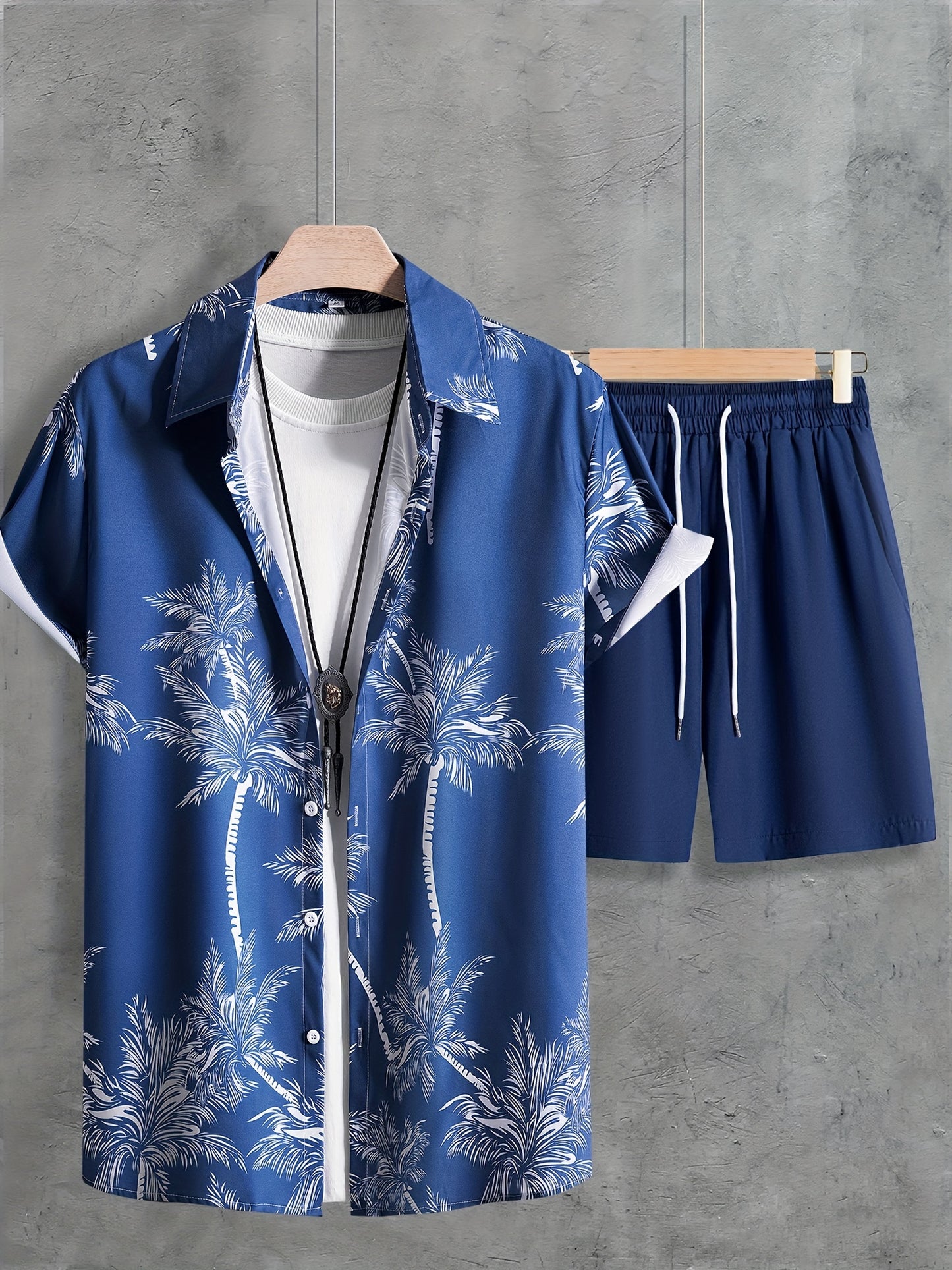 Coconut Tree Print, Men's 2Pcs Outfits, Casual Camp Collar Lapel Button Up Short Sleeve Shirts Hawaii Shirt And Drawstring Shorts Set For Summer, Men's Clothing