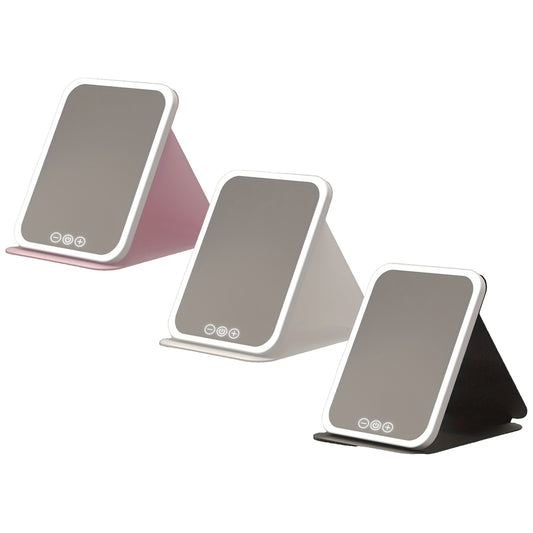 Glamour Glow - Foldable LED Makeup Mirror with 3-Color Lighting, Dimmable Touch Screen, Rechargeable & Tabletop, Perfect Vanity Accent for Effortless Beauty Routine