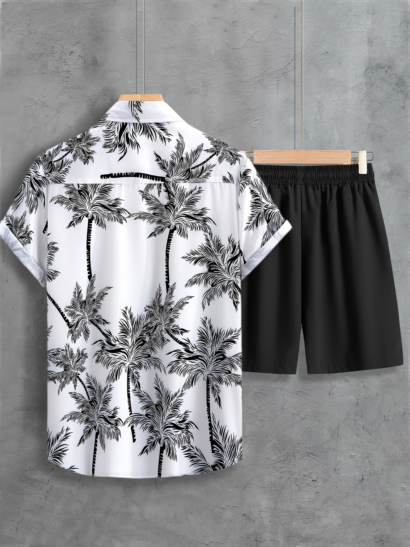 Coconut Tree Print, Men's 2Pcs Outfits, Casual Camp Collar Lapel Button Up Short Sleeve Shirts Hawaii Shirt And Drawstring Shorts Set For Summer, Men's Clothing