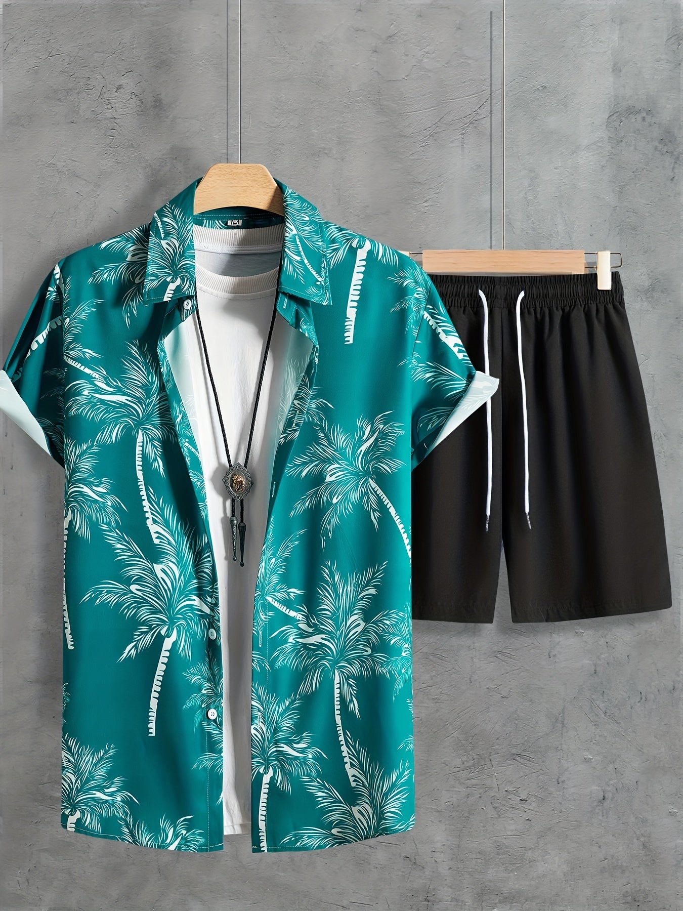 Coconut Tree Print, Men's 2Pcs Outfits, Casual Camp Collar Lapel Button Up Short Sleeve Shirts Hawaii Shirt And Drawstring Shorts Set For Summer, Men's Clothing