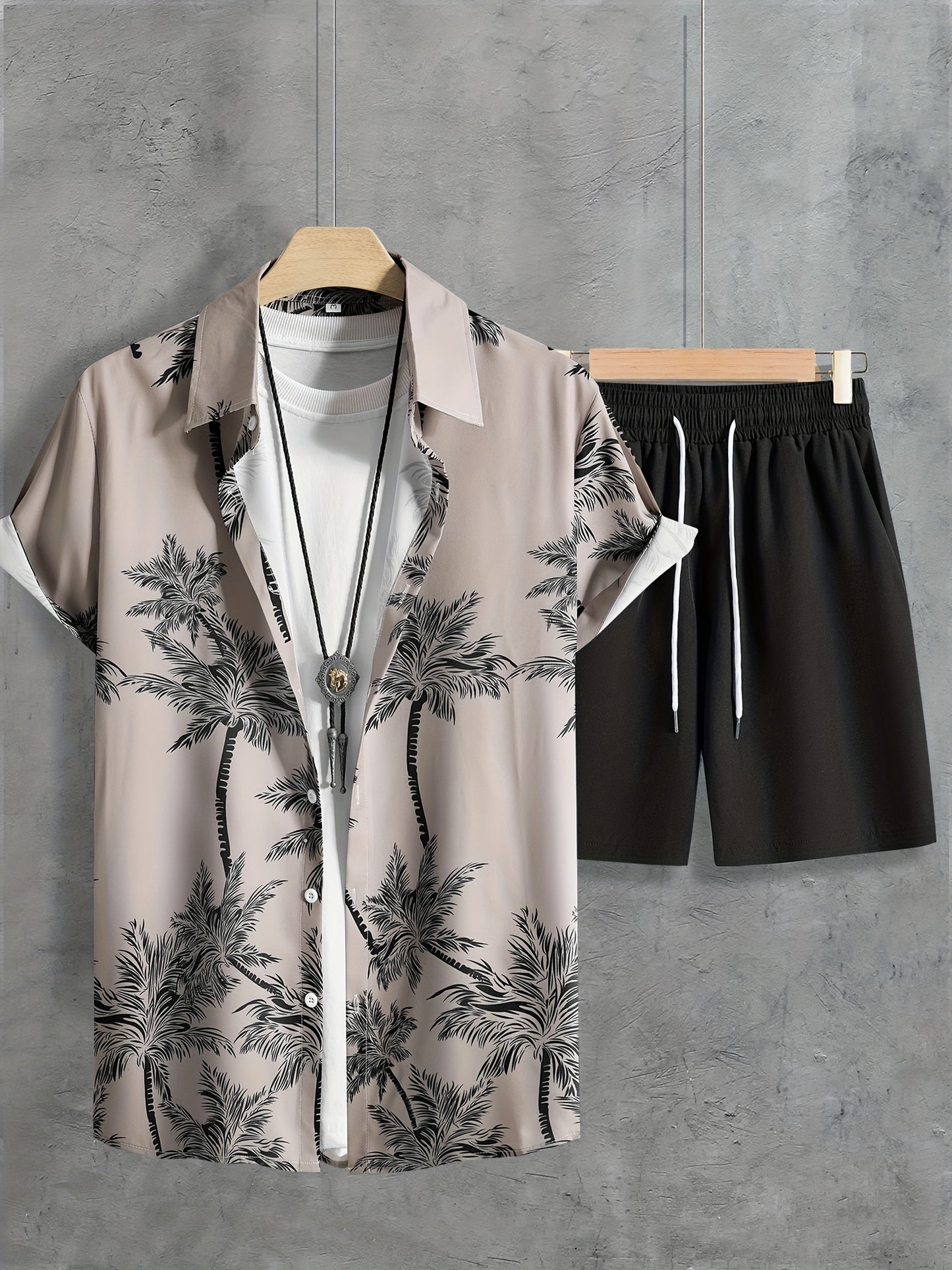 Coconut Tree Print, Men's 2Pcs Outfits, Casual Camp Collar Lapel Button Up Short Sleeve Shirts Hawaii Shirt And Drawstring Shorts Set For Summer, Men's Clothing