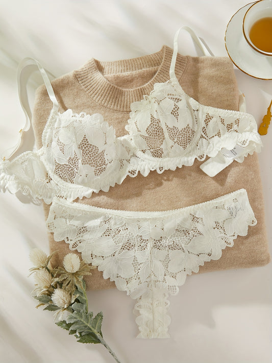 Romantic Floral Lace Lingerie Set - Seductive Cut Out Unlined Bra & Matching Panties - Womens Sexy Intimate Underwear