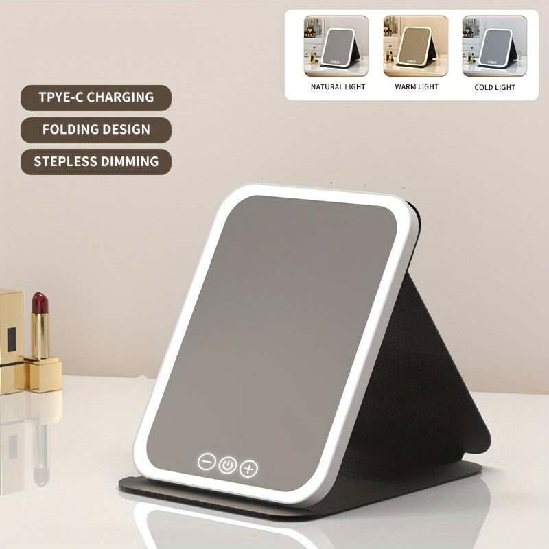 Glamour Glow - Foldable LED Makeup Mirror with 3-Color Lighting, Dimmable Touch Screen, Rechargeable & Tabletop, Perfect Vanity Accent for Effortless Beauty Routine