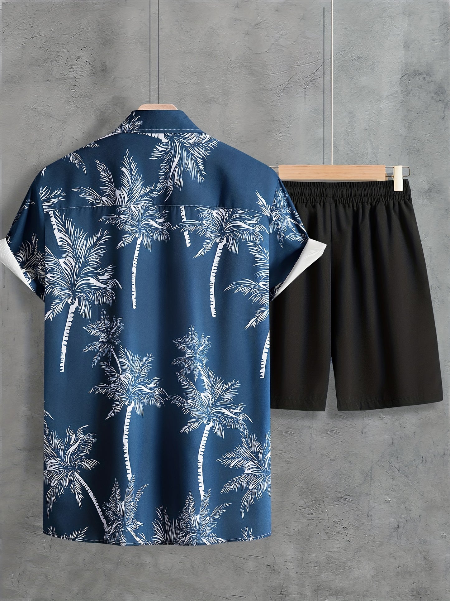Coconut Tree Print, Men's 2Pcs Outfits, Casual Camp Collar Lapel Button Up Short Sleeve Shirts Hawaii Shirt And Drawstring Shorts Set For Summer, Men's Clothing